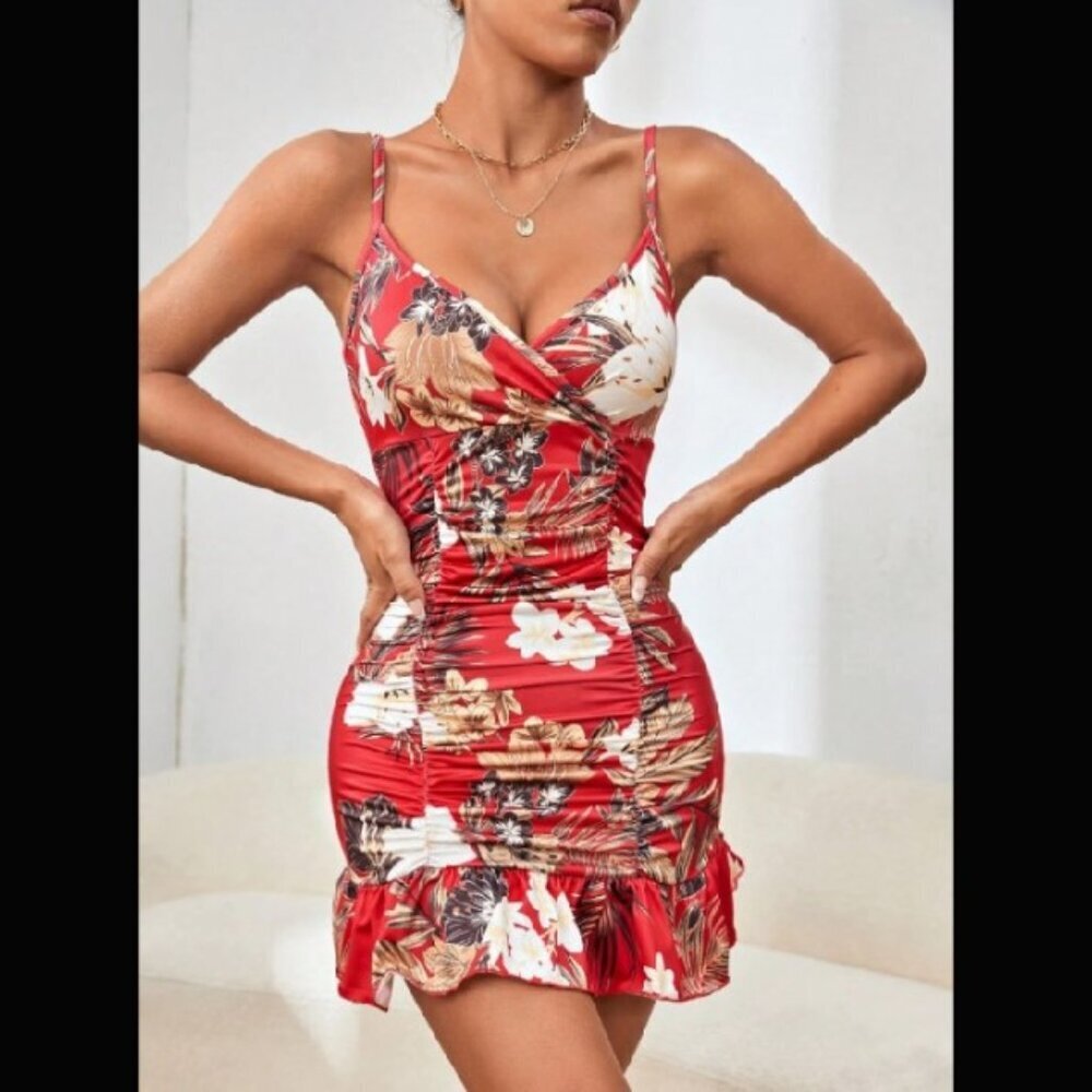 Red Tropical Floral Ruched Mini Dress - Ruffle Hem Cami Sundress
